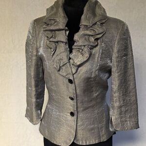 Adrianna Papell Evening Jacket Sz 6 Champagne Shimmer Ruffle Neck Belted Party